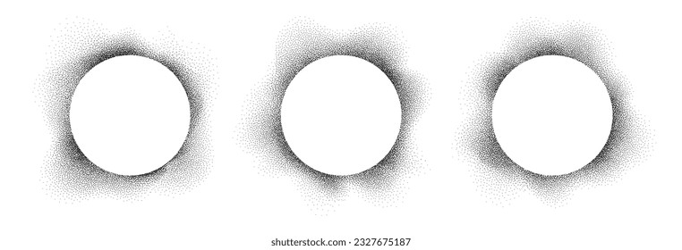 Black spray frames, black dotwork grain texture, abstract stipple sand effect, gradient circle banners from dots isolated on white background. Vector illustration.