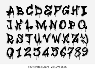 Black spray graffiti font. Urban alphabet, street art letters. Grunge drip print, fashion texture lettering splash, creative poster handwriting. Graffiti vector font spray grainy bold texture.