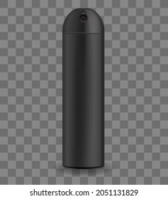 Black spray mockup template. Empty container for spraying deodorant and dry shampoo squeezing gel and cosmetic vector lotion selfdefense gas canister.