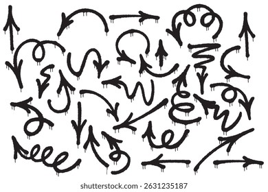 Coleção de seta de pintura de spray preto com efeito de gotejamento e diversas direções desenhadas à mão no fundo branco. Ideal para infográficos, apresentações e designs autênticos em estilo grunge.