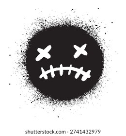 Black spray paint circle with a white stitched unhappy face, grunge street art style.