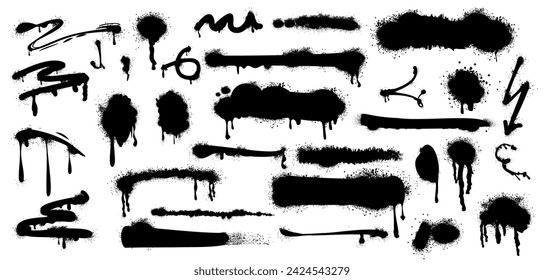 Black spray paint drips, lines and ink splatters with graffiti effect. Set of brush stains, blobs, inky stripes, grunge dots, arrow. Vector design elements for street art isolated on white background.