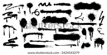 Black spray paint drips, lines and ink splatters with graffiti effect. Set of brush stains, blobs, inky stripes, grunge dots, arrow. Vector design elements for street art isolated on white background.