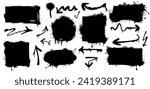 Black spray paint frames, arrows and drips. Graffiti borders in shape of rectangle, square, circle and oval isolated on white background. Vector grunge set of blobs and ink splashes with splatters.