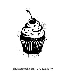 Black Spray Paint Graffiti Artwork of Cupcake Dessert with Cherry on Top