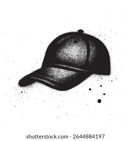 Black Spray Paint Graffiti of Baseball Cap with Paint Drips on White Background.	
