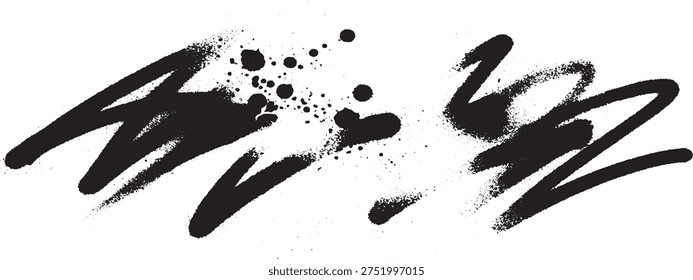 Black spray paint graffiti brush strokes and ink splatters on white background