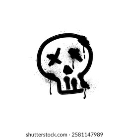 Black spray paint human skull shape vector illustration. Graffiti spraying stripes dead head with ink splatters and dripping. Street art brushstroke horror symbol isolated on white