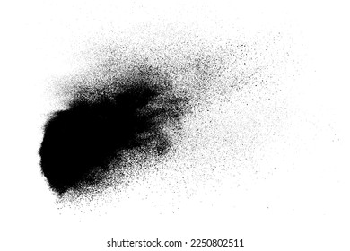 Black spray paint splatter with graffiti texture creating abstract ink stain effect. Scattered particle dust explosion with rough distressed grunge design. Isolated vector illustration on white background