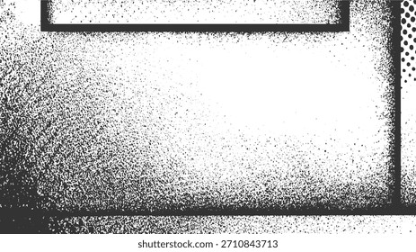 Textura de salpicaduras de pintura en aerosol negro con líneas Horizontales y puntos semitonos sobre un fondo blanco.