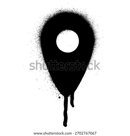 Black spray paint stencil of a location pin icon with dripping effect on white background. Urban street art design symbolizing maps, direction, navigation, travel, and destination.