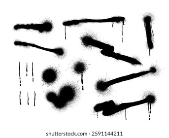 Black spray paint stripes shapes with ink splatters and dripping effect vector set. Abstract graffiti spraying stains. Graffiti sprayed paint smear. Street art strokes, lines and dots isolated