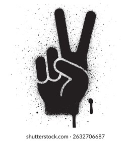 Black spray painted graffiti of a hand making the peace sign, created with a stencil art style on a white textured background.