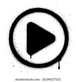 Black spray painted play button symbol inside a circle, designed in a gritty urban street art style. Grunge stencil effect with dripping paint on a white background.