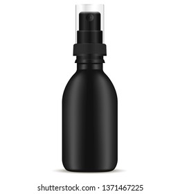 Black Spray Pump Bottle. Vector Cosmetic Container. Aerosol Dispencer Package from Barber Collection. Men Cosmetics Oil Product. Plastic Sprayer Mockup Concept for Medical Essential. 3d Design.