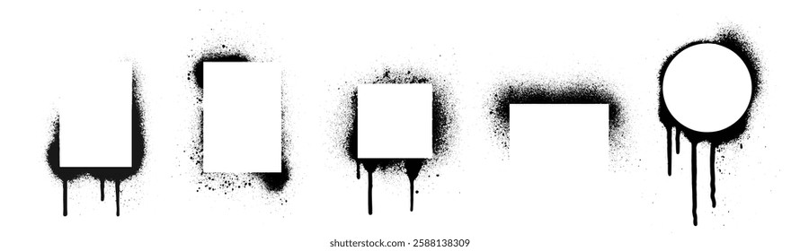 Black spray stencils set isolated on white background. Vector realistic illustration of rectangular, square, round paint splatter borders, airbrush silhouette, grungy street art frames with ink drips