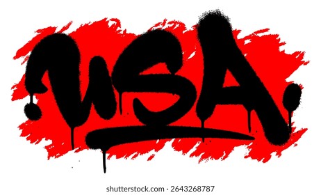 Black spray-painted USA graffiti with bold texture on red background. Perfect for urban patriotic art, apparel design, and gritty American street-style visuals.