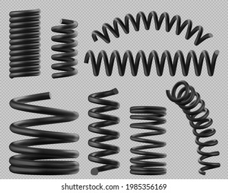 Black spring coils, flexible spiral metal wire. Vector realistic set of plastic or steel elastic springy coils different shapes for suspension or machine absorber isolated on transparent background