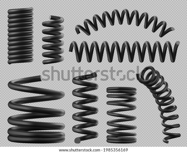 Black spring coils, flexible spiral metal\
wire. Vector realistic set of plastic or steel elastic springy\
coils different shapes for suspension or machine absorber isolated\
on transparent\
background