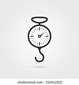 black spring scale icon. concept of indicator, front view, gramme, tension, gauge, steel weighing machine, gravity, spiral mechanism. flat style trend modern logo graphic design on gray background