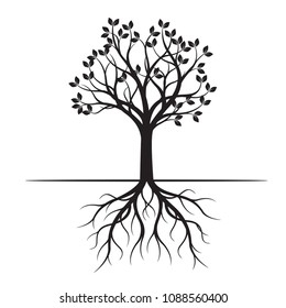 Black Spring Tree with root. Vector Illustration. Plant in garden.