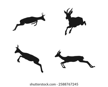 Black springbok jumping silhouette vector illustration. Springbok African Animal. Springbok silhouette. Vector illustration. Minimal design, minimalist logo vector. Vector on a white background.