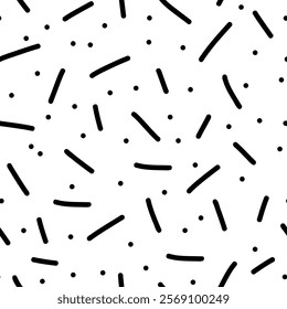 Black sprinkle pattern on white background. Monochrome seamless pattern. Great for wallpaper, web backgrounds, wrapping paper, fabric, packaging, greeting cards, invitations. Vector illustration