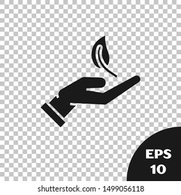 Black Sprout in hand of environmental protection icon isolated on transparent background. Seed and seedling. Planting sapling. Ecology concept.  Vector Illustration