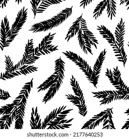 Black spruce branches vector seamless pattern. Botanical Christmas seamless background with fir tree twigs. Foliage ornament. Vintage hand drawn pattern in rustic style. Black brush painted silhouette