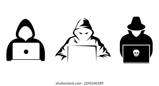 Black spy hacker icons collection. Set of black thief hacker icons