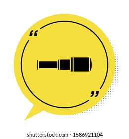 Black Spyglass telescope lens icon isolated on white background. Sailor spyglass. Yellow speech bubble symbol. Vector Illustration