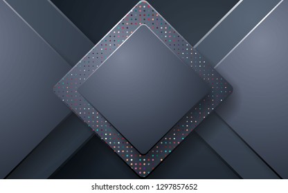 Black square abstract background with colorful glitters. Rounded geometric paper shapes.