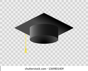Black square academic cap isolated on light transparent background. Magistr hat. cum laude. Great Britain university, institute. University or high school graduation. realistic icon
