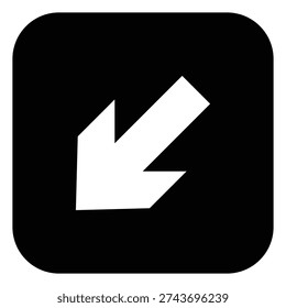 Black square arrow icon with down left direction symbol. Ideal for navigation, stair guidance, wayfinding systems, building signage and user interface directional design.