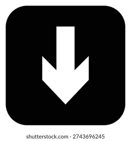 Black square arrow icon with down direction symbol. Ideal for navigation, stair guidance, wayfinding systems, building signage and user interface directional design.