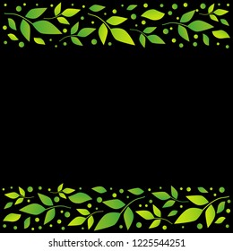 Black square background with decorative stripes align top and below with green leaves and dots for decoration, scrapbooking paper, sheet of book or notebook, wedding invitation, greeting card, text