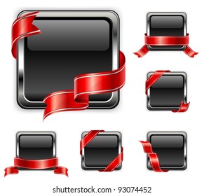 Black square badge with red ribbon on white background, vector illustration