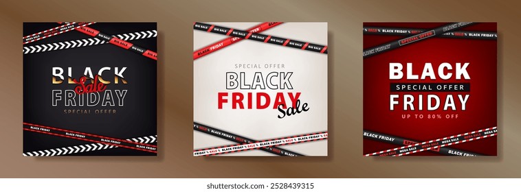 Banners quadrados pretos com fitas cruzadas e texto publicitário de venda para Black Friday. Postagens de mídia social promocionais ou cartões com fitas de desconto. Cartazes de marketing com oferta especial, informações sobre hot deal