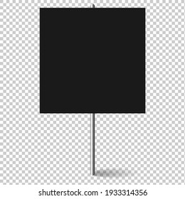 Black square Blank banner mock up on metal stick. Protest placard, public transparency with metal holder. Protest sign isolated on transparent background