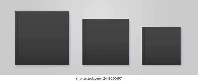 Black square books set on gray background. Different size blank notebook mockup set