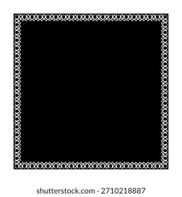 Schwarzer quadratischer Rand mit einem komplizierten, sich wiederholenden Muster aus stilisierten Blumen- und Herzformen. Das dekorative Design schafft einen dekorativen Rahmen auf weißem Hintergrund