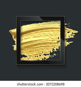 Black square border on golden brush stroke vector illustration. Realistic 3d frame geometric shape, gold splash smear on paper, decoration with shiny effect isolated on black background