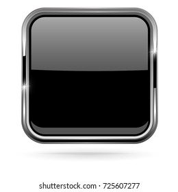 Black square button with bold chrome frame. 3d shiny icon. Vector illustration isolated on white background