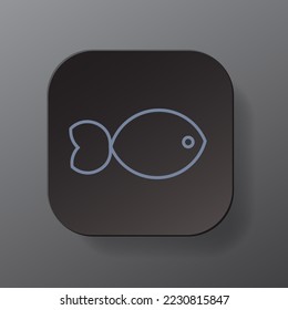 Black square button with fish outline icon, Fish on the black plate. Flat symbol sign vector illustration isolated on gray background. Healthy nutrition concept