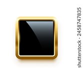 Black square button with golden frame vector illustration. 3d glossy elegant design for empty label, emblem, medal or badge, shiny and gradient light effect on plate isolated on white background.