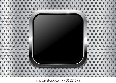 Black square button on metal background. Vector illustration