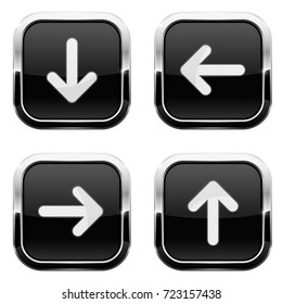 Black square buttons with arrows and chrome frame. Vector 3d illustration isolated on white background