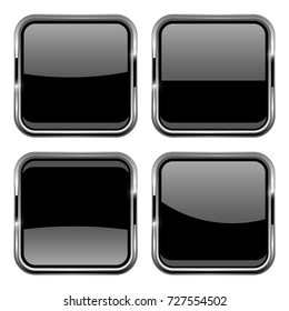 Black square buttons with chrome frame. Vector 3d illustration isolated on white background