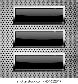 Black square buttons on metallic background. Vector illustration