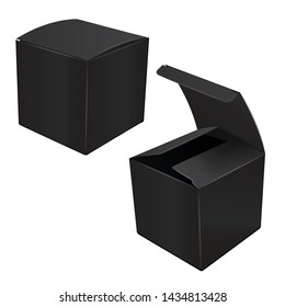 Black Square Cardboard Plastic Package Box. Illustration Mock Up Template